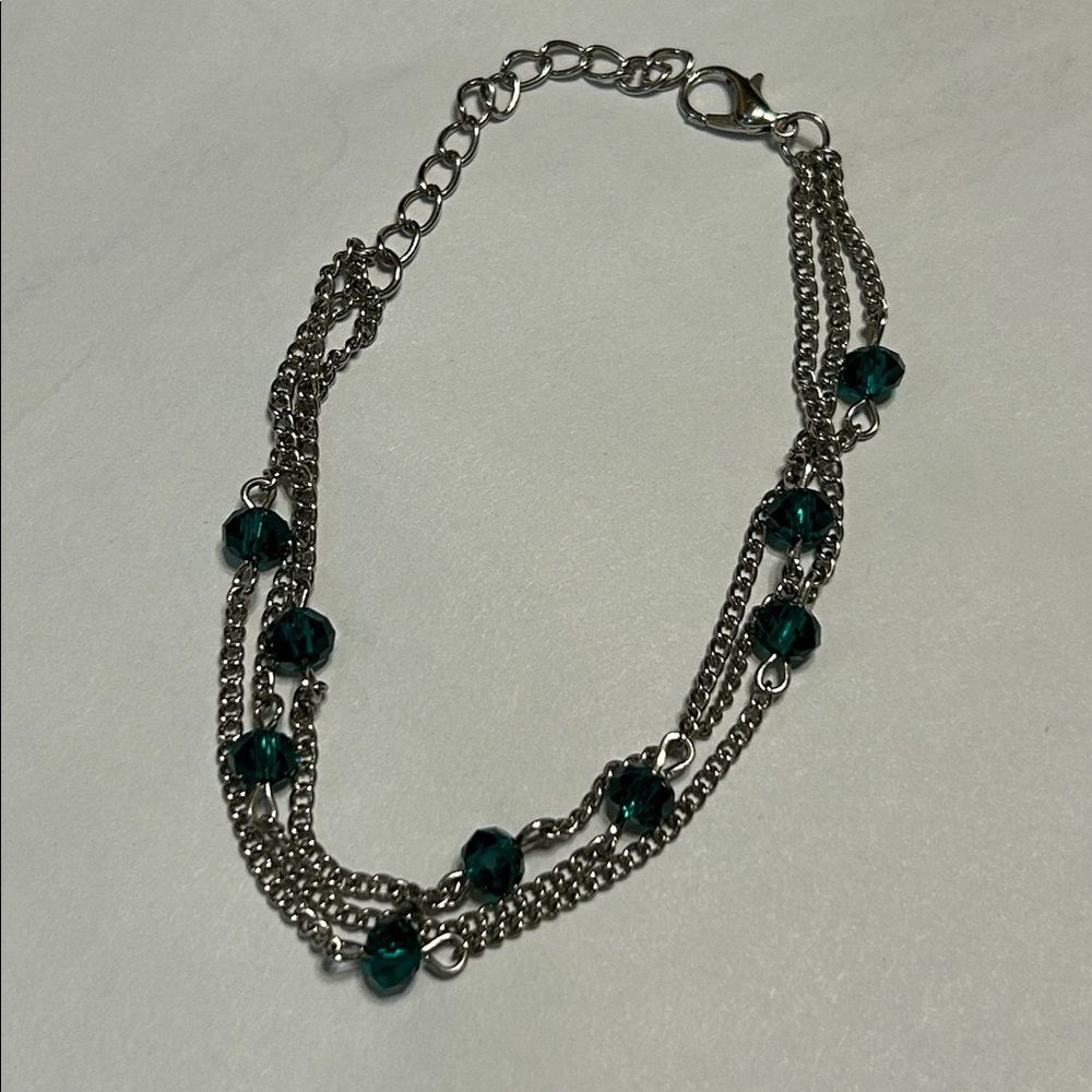 Multi Strand Silver Tone Chain Bracelet with Emerald Beads